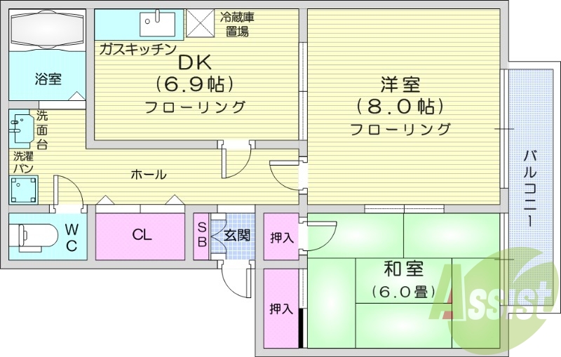 2DK、バストイレ別、温水洗浄便座付き、室内洗濯置場