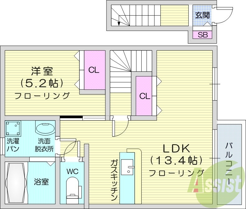 1LDK、インターネット無料、南向き、カウンターキッチン