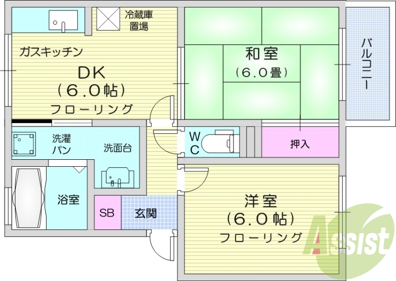 2DK、バストイレ別、陽当たり良好、室内洗濯置場