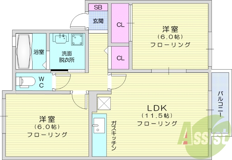 2LDK、バルコニー、エアコン、ウォシュレット、独立洗面台