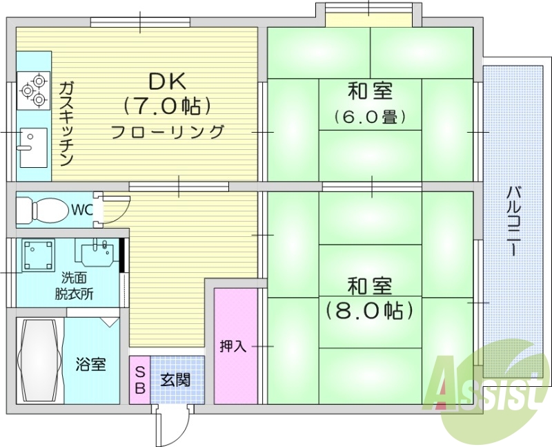 ２DK、バルコニー、ダイニングキッチン、シューズボックス
