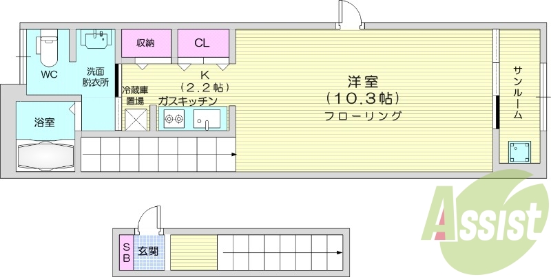 １K、ネット無料、浴室乾燥、サンルーム