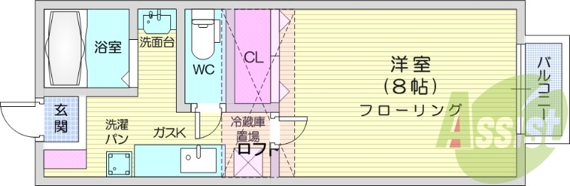 1K、広々とした洋室でロフトが付いているお部屋です。