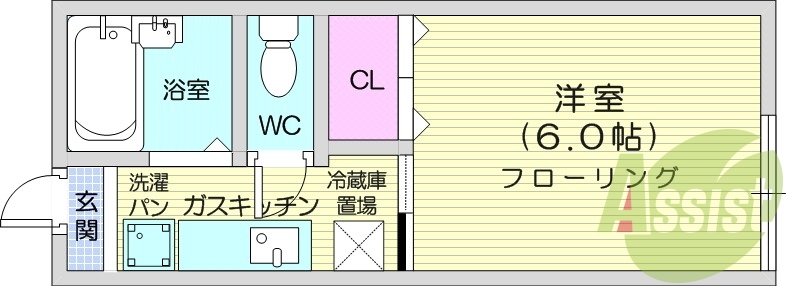１K、クローゼット、バストイレ別、室内洗濯機置き場