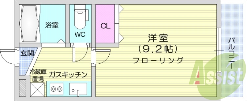 1K、角部屋、モニターホン、エアコン、室内洗濯機置場