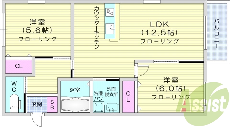 2LDK、南向き、バストイレ別、システムキッチン