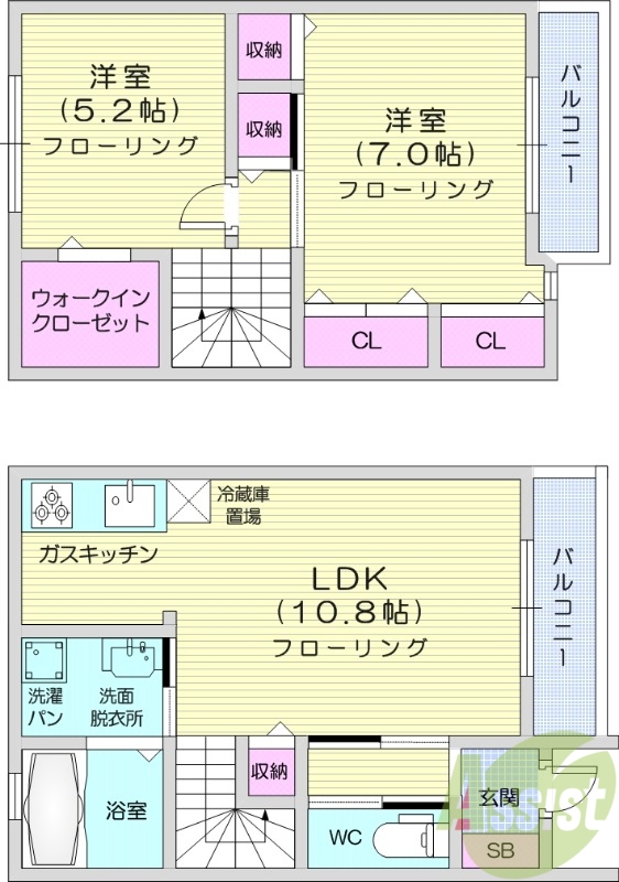 2LDK、南向き、バストイレ別、追い焚き、浴室乾燥機