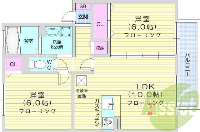 2LDK、バストイレ別、追い焚き給湯、物置