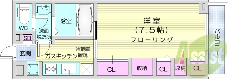 1K、エアコン、バストイレ別、浴室乾燥