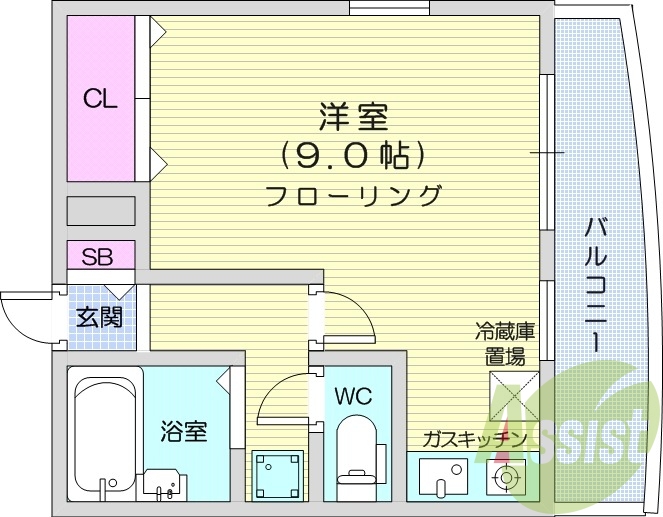 １R、都市ガス、エアコン、南向き、バルコニー、収納