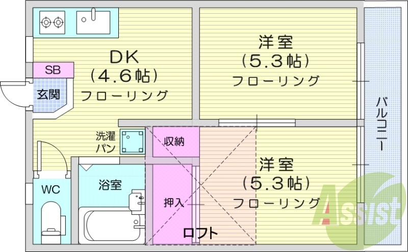 2DK、バストイレ別、温水洗浄便座付き、室内洗濯置場
