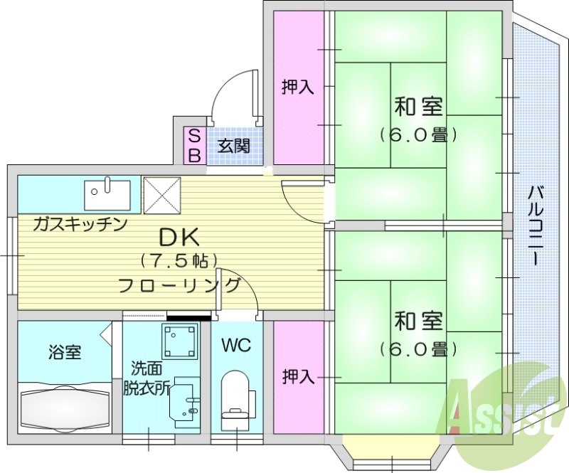 ２DK、追い焚き、洗面化粧台、インターホン、エアコン