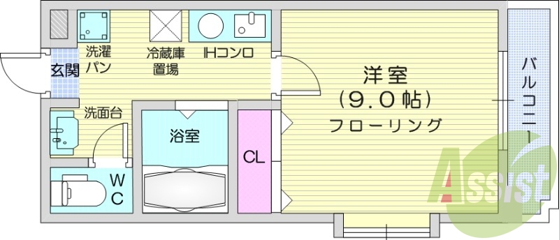 1LDK、IH、独立洗面台、エアコン