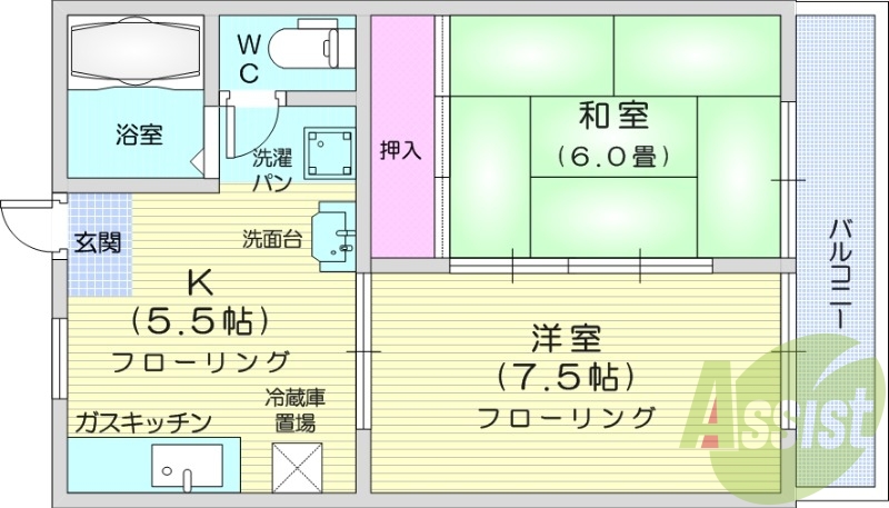 ２DK、都市ガス、室内洗濯機置場、温水洗浄便座