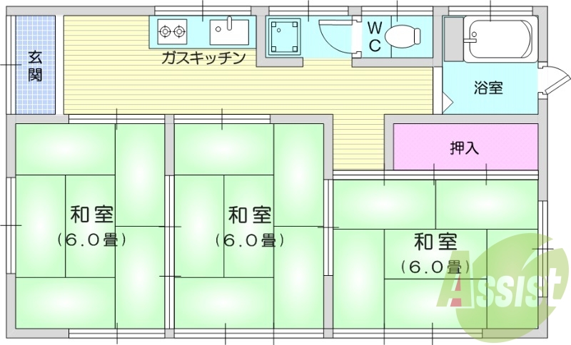 3K、都市ガス、和室、エアコン、追い焚き機能