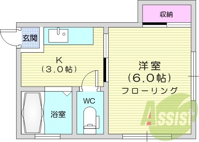1K、バストイレ別、追い焚き機能、エアコン
