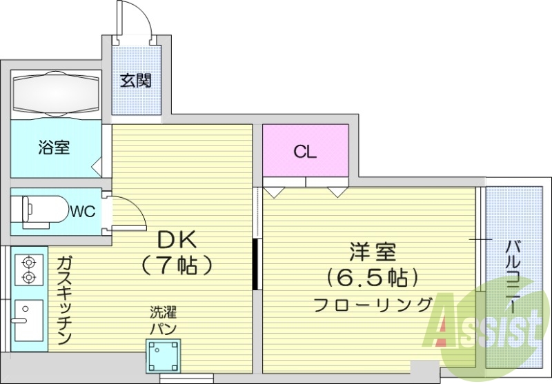 1DK、バルコニー、洗濯機室内、バストイレ別