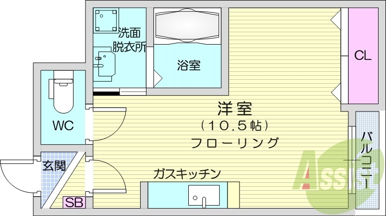 図面反転　1K、独立洗面台、バス・トイレ別