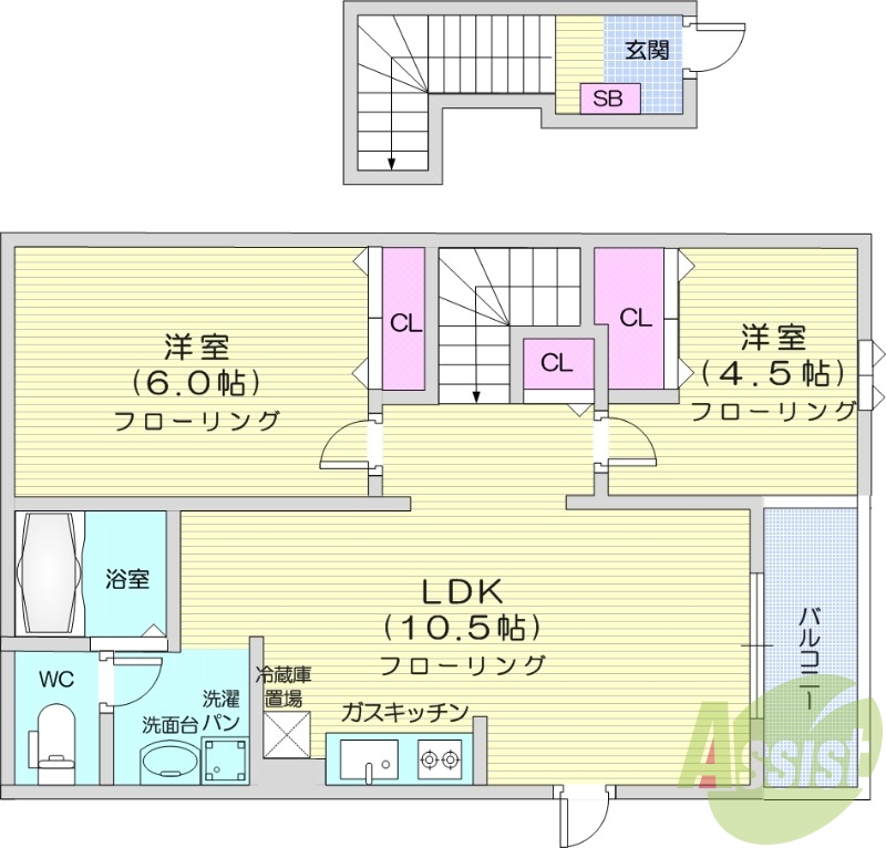 ２LDK、バストイレ別、バルコニー、追い焚き機能