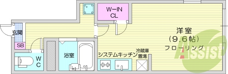 １K、ウォークインクローゼット、システムキッチン