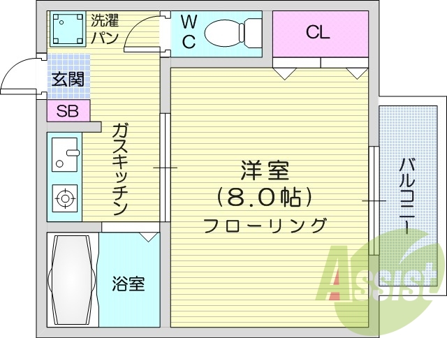 １K、エアコン、バストイレ別、洗面台、プロパンガス