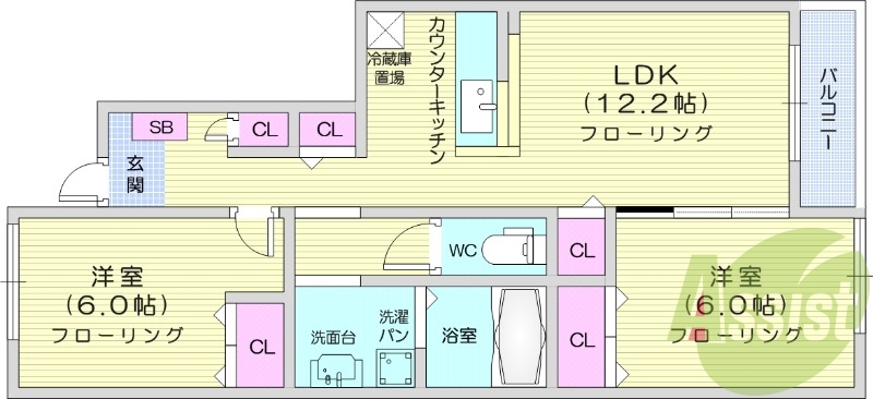 2LDK、バストイレ別、陽当たり良好、室内洗濯置場