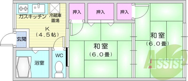 2K、台原徒歩圏内、都市ガス仕様、バストイレ別