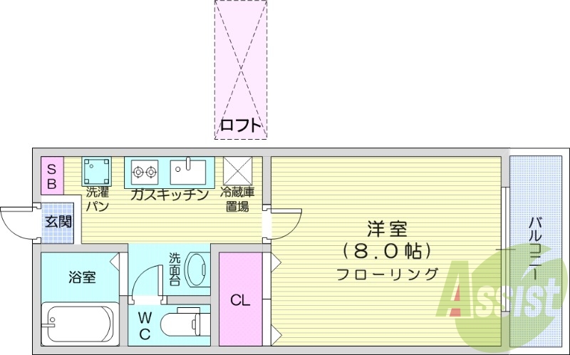 洋室８帖、落合徒歩圏内、駐車場無料、ロフト付