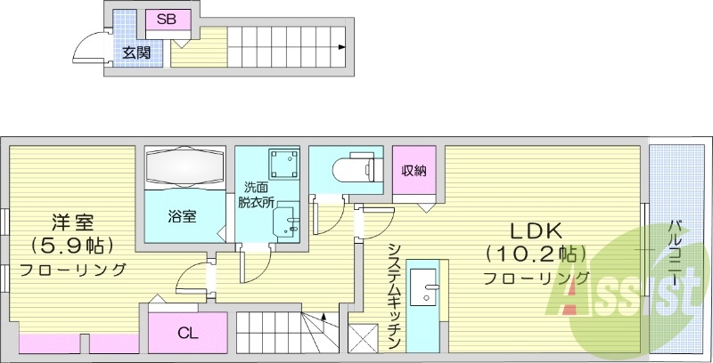 1LDK、バルコニー、クローゼット、バストイレ別
