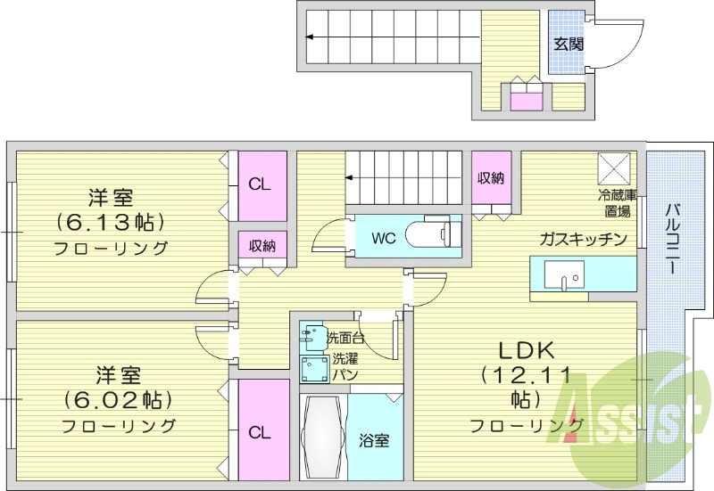 2LDK、バストイレ別、陽当たり良好、室内洗濯置場