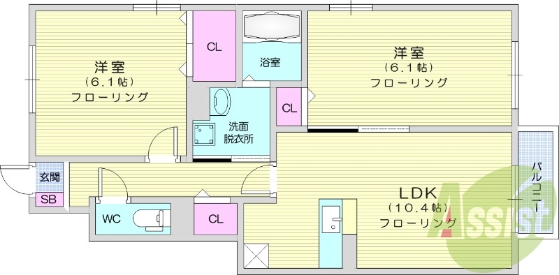 2LDK、給湯、バルコニー、エアコン、フローリング