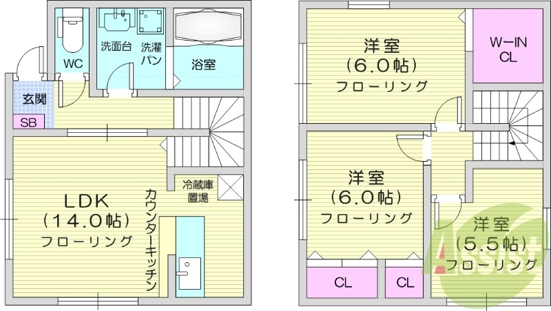 3LDK、エアコン、カウンターキッチン、フローリング