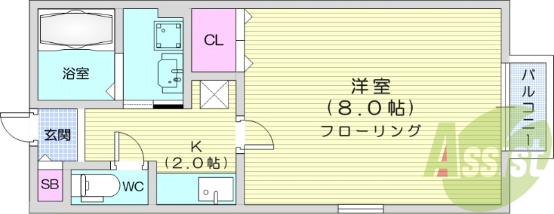 １K、フローリング、エアコン、クローゼット