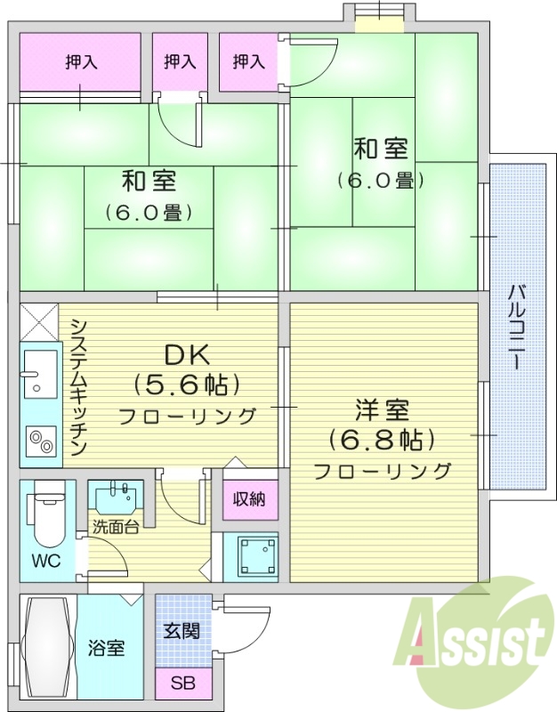 3DK、追い焚き機能付き浴室、温水洗浄便座付き