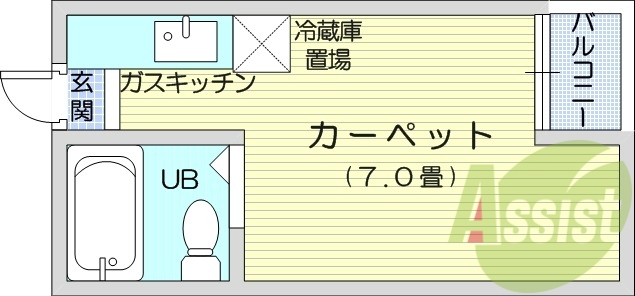 カーペット7帖、バストイレ同室、エレベーター