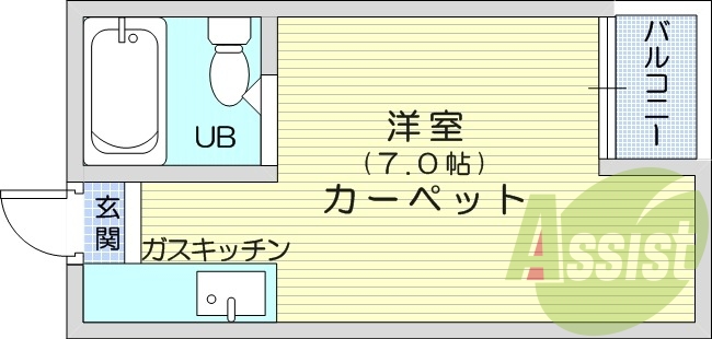 カーペット7帖、バストイレ同室、エレベーター