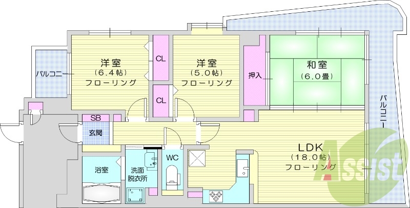 3LDK、エアコン、バルコニー、フローリング、給湯