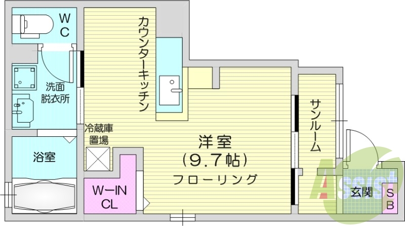 1R、エアコン、システムキッチン、独立洗面台