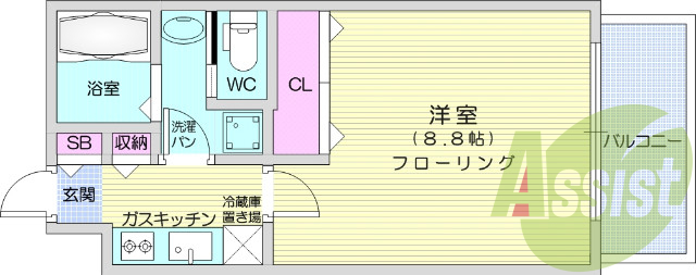 1Ｋ　バストイレ別　バルコニー　エアコン付き