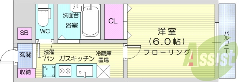 1K、家具家電付き、都市ガス、システムキッチン