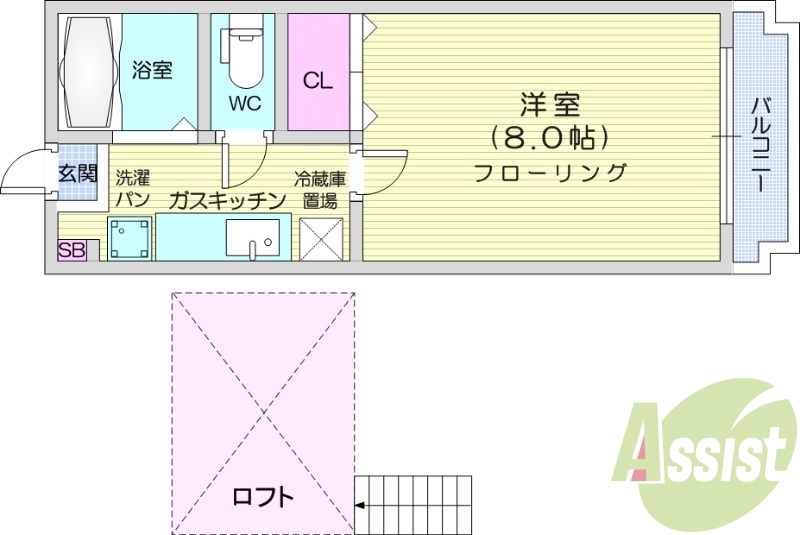 １K、ロフト、バルコニー、バス・トイレ別、シューズボックス