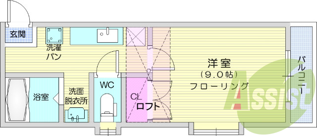 １K、ロフト、バルコニー、バス・トイレ別、シューズボックス