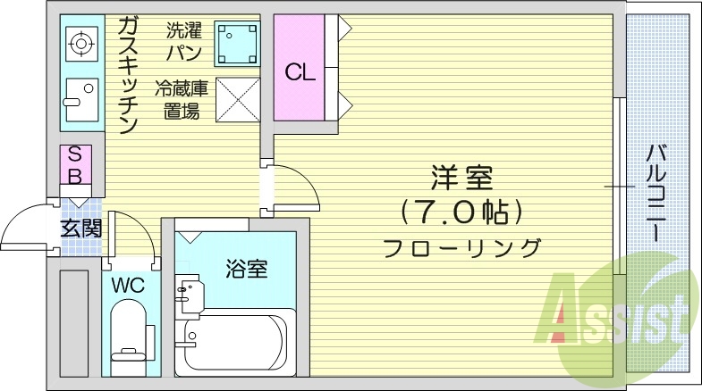1K、バス・トイレ別、エアコン、バルコニー、エレベーター