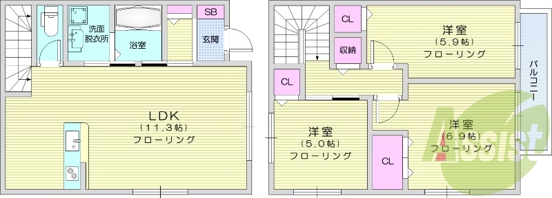 3LDK、浴室乾燥機、カウンターキッチン。