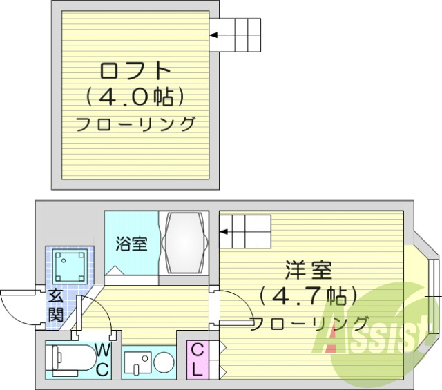 1K、ロフト付き、バス・トイレ別、モニター付きインターホン