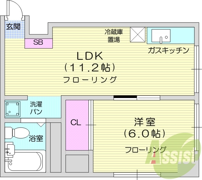 1LDK、ユニットバス、室内洗濯機置き場、エアコン