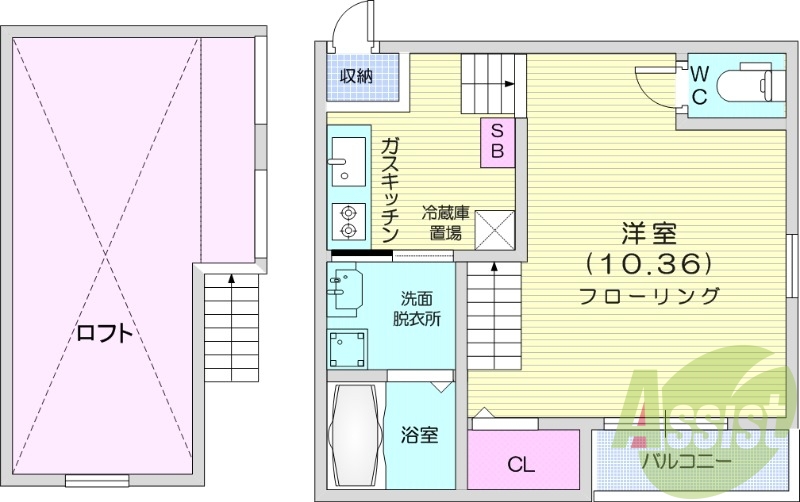 １R、システムキッチン、独立洗面台、エアコン