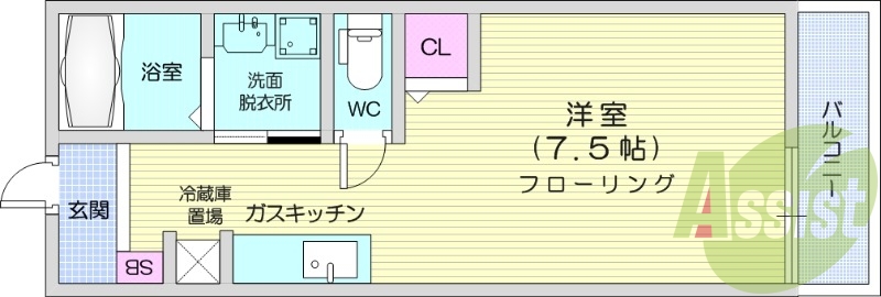 1K、追い焚き機能付き浴室、独立洗面化粧台有り。