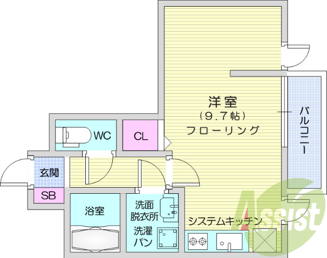 ワンルーム、設備充実、システムキッチン、洗面化粧台