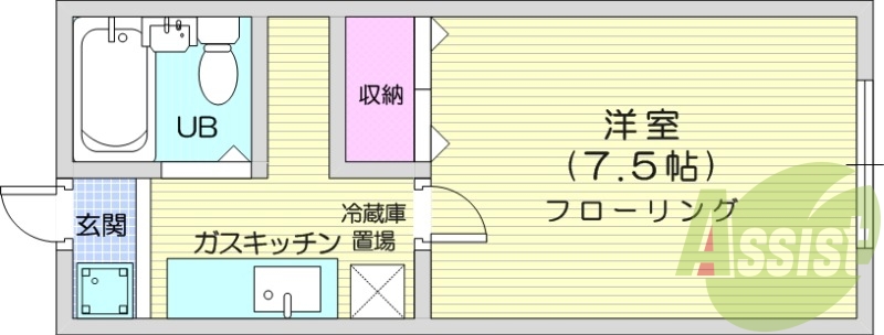 1K、エアコン、ユニットバス、室内洗濯機置場。